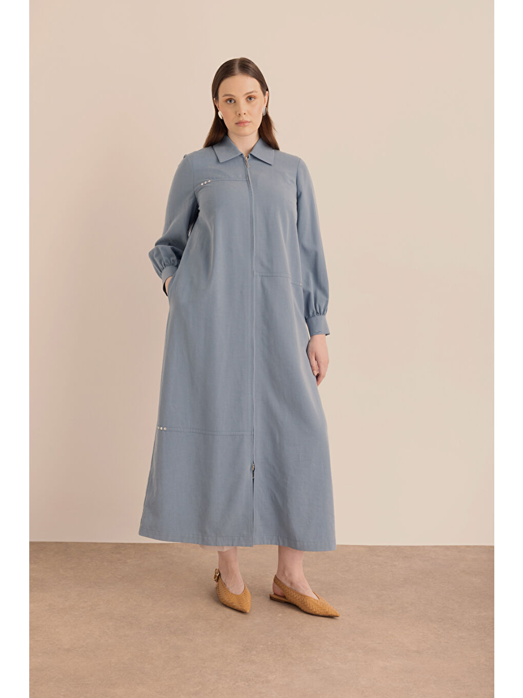 Lacivert Önden Fermuarlı Lyocell Pamuk Ferace-4