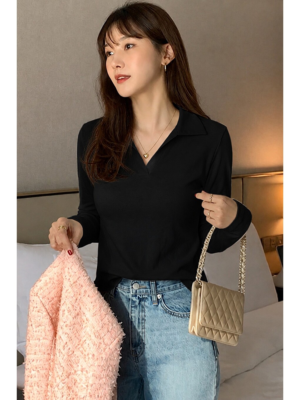 Siyah Kadın Polo Yaka Uzun Kollu Basic Tişört %100 Pamuk Süprem Kumaş Slim Fit-3
