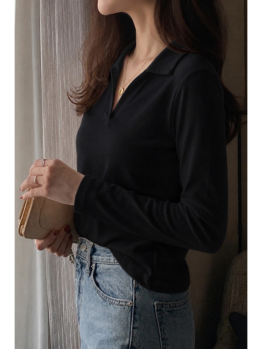 Siyah Kadın Polo Yaka Uzun Kollu Basic Tişört %100 Pamuk Süprem Kumaş Slim Fit-4