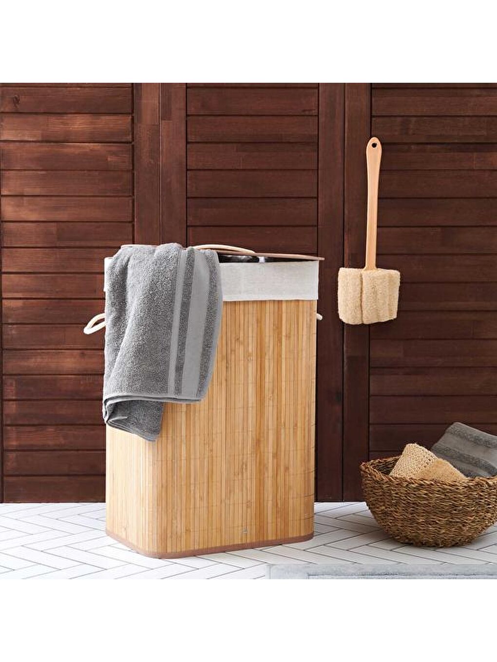 Bej Bambu Çamaşır Sepeti - 60 Litre
