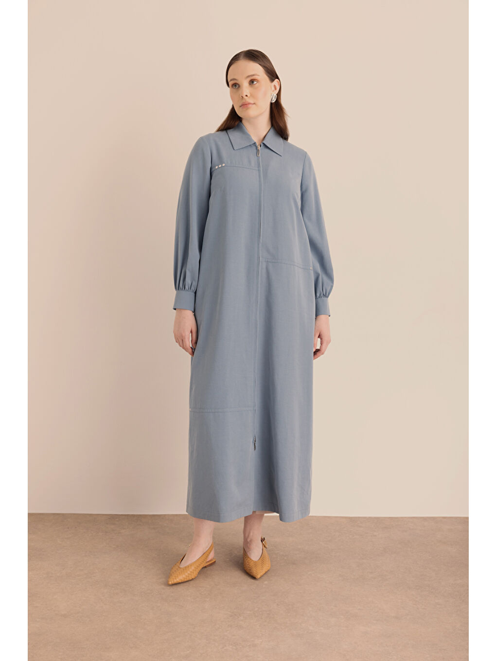 Lacivert Önden Fermuarlı Lyocell Pamuk Ferace-5