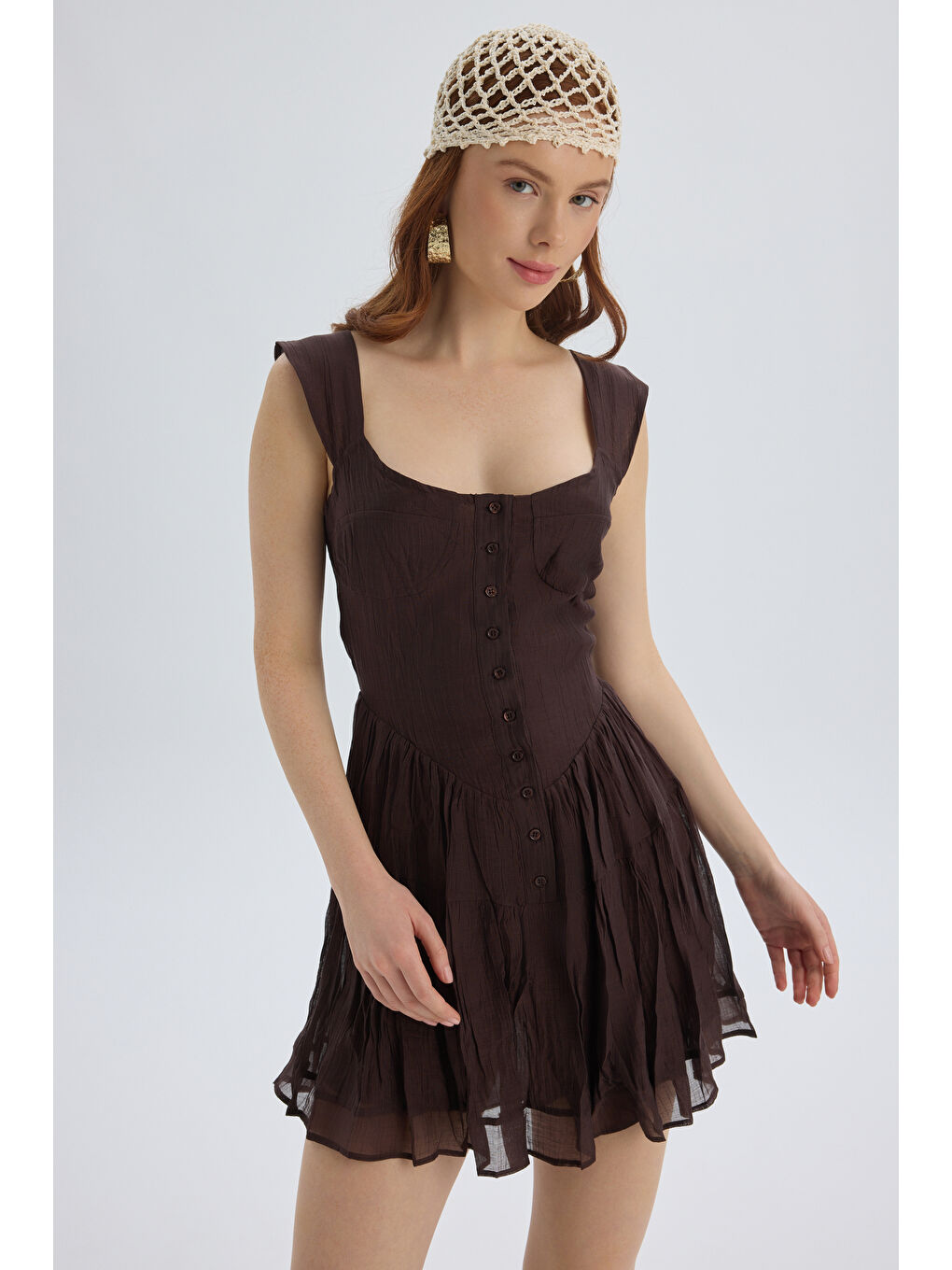 Kahverengi Serena Düğmeli Kahve Mini Elbise