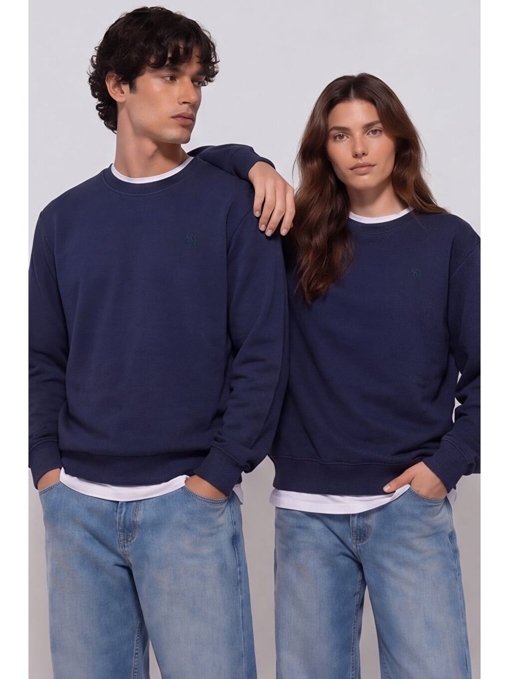 Unisex Lacivert Normal Kesim Regular Fit %100 Pamuk Bisiklet Yaka Sweatshirt-1