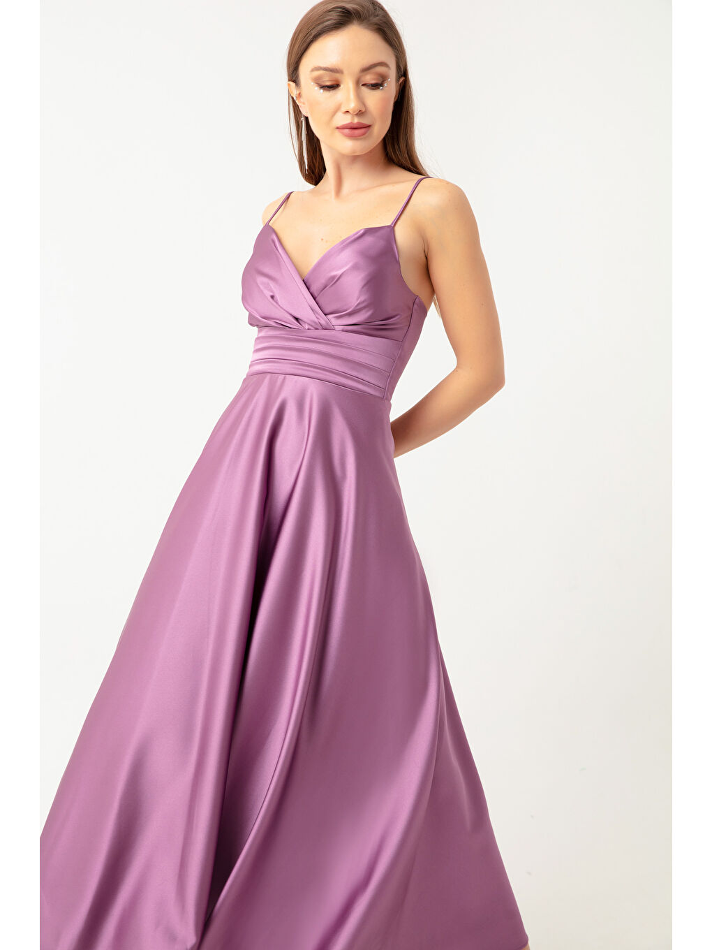 Lila Kadın Lavanta İp Askılı Bel Kemerli Saten Midi Abiye & Mezuniyet Elbisesi-1