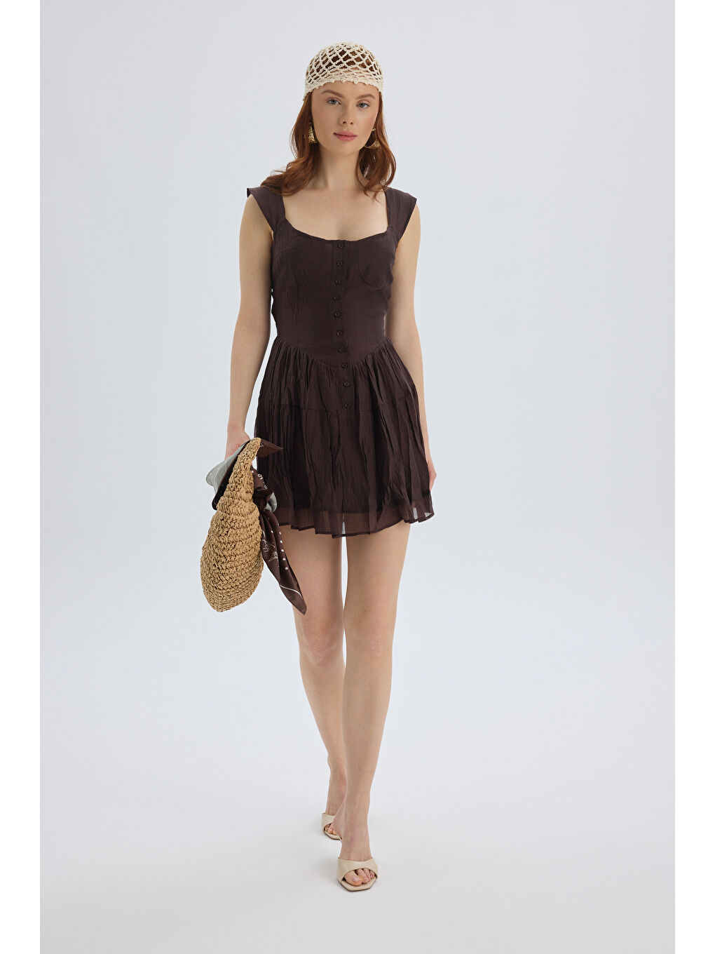 Kahverengi Serena Düğmeli Kahve Mini Elbise-1