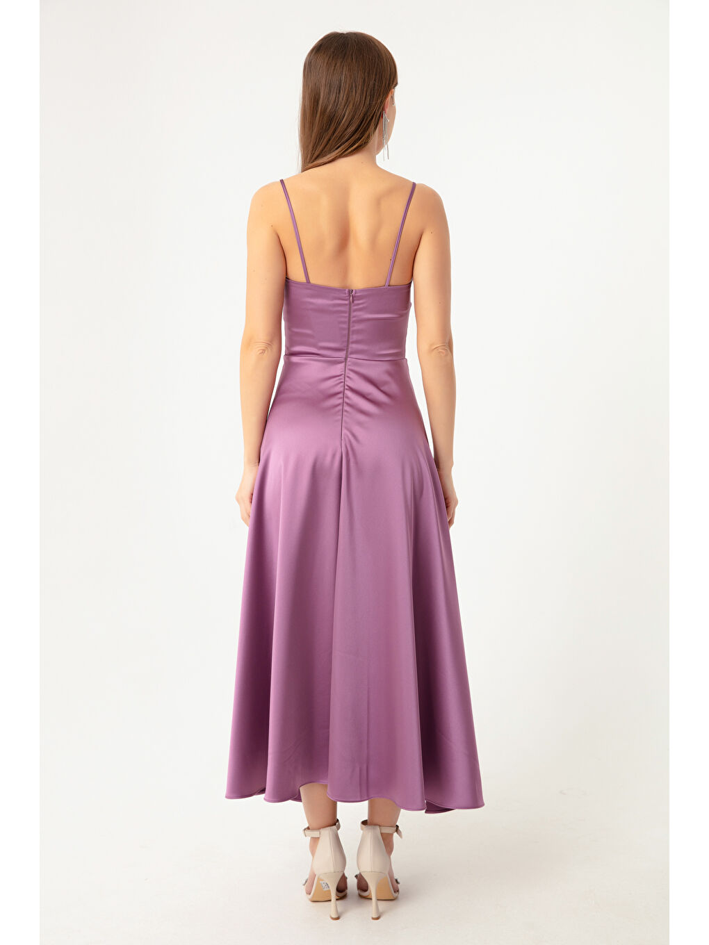 Lila Kadın Lavanta İp Askılı Bel Kemerli Saten Midi Abiye & Mezuniyet Elbisesi-4
