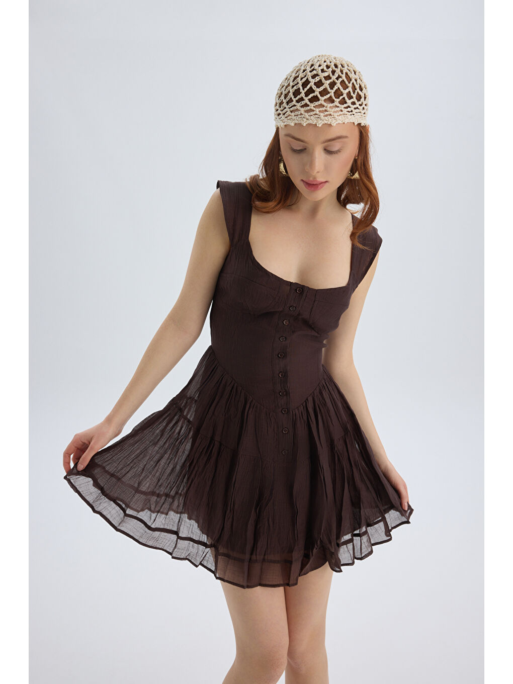 Kahverengi Serena Düğmeli Kahve Mini Elbise-2