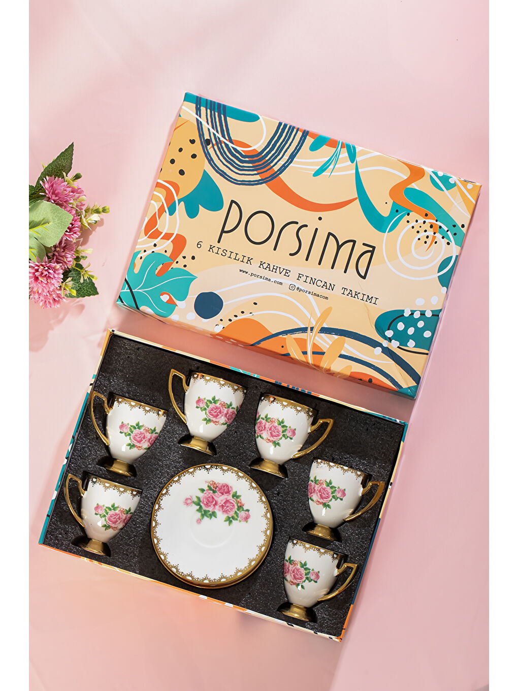 Karışık 3188 Rosemary 12 Parça Yaldızlı Porselen Türk Kahve Fincan Takımı-1