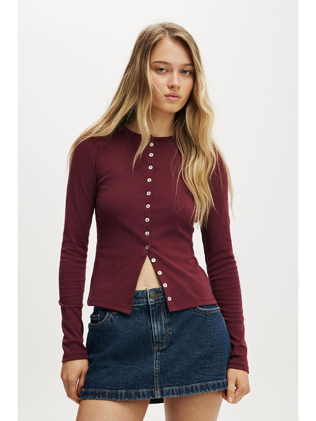 Bordo Slim Fit Düğmeli Kadın Hırka Mg2580