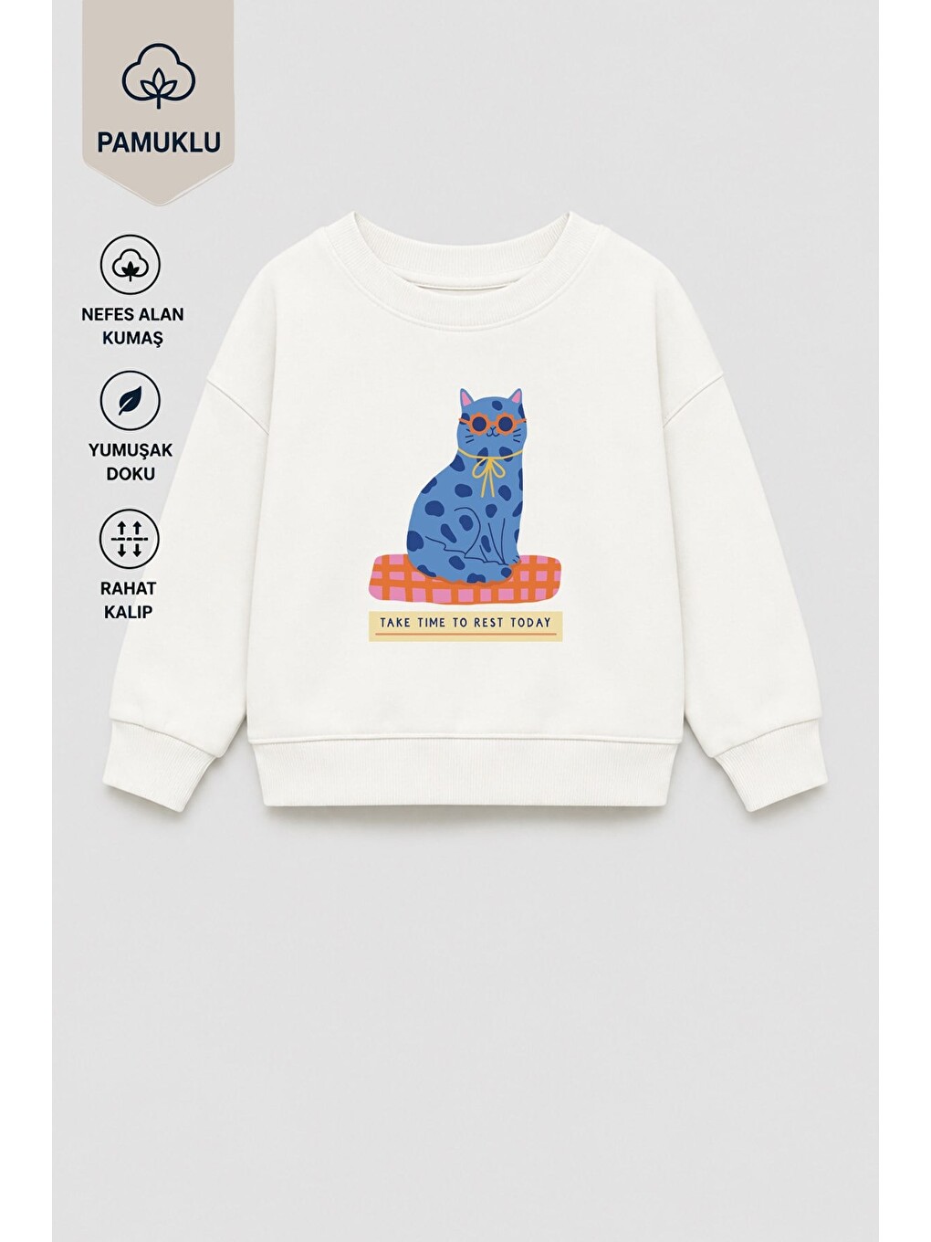 Ekru Kız Çocuk 3 İplik Kumaş Pamuklu Kedi Baskılı Sweatshirt-1