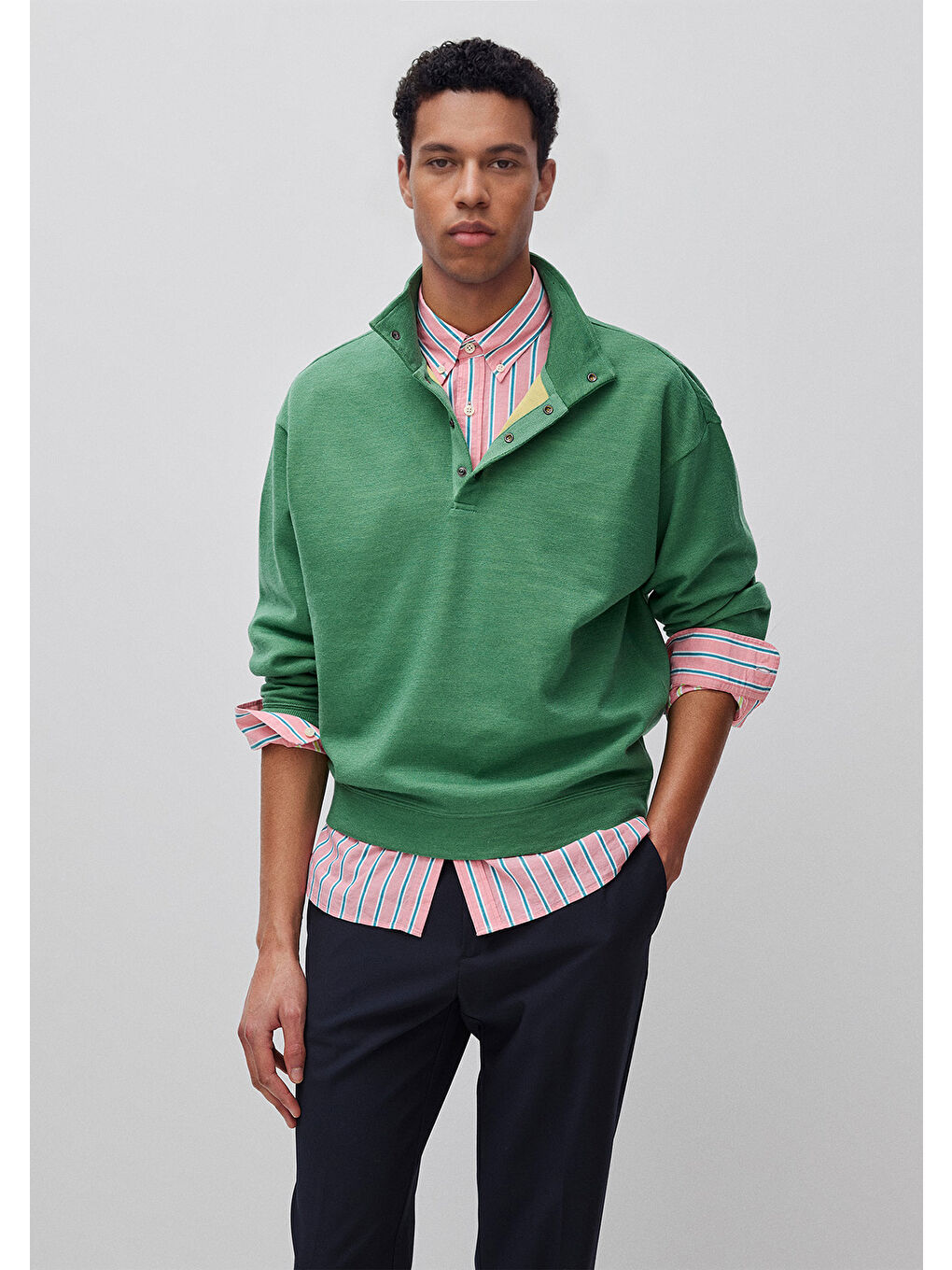 Erkek Yeşil  Yün Karışımlı Düğmeli Dik Yaka Sweatshirt