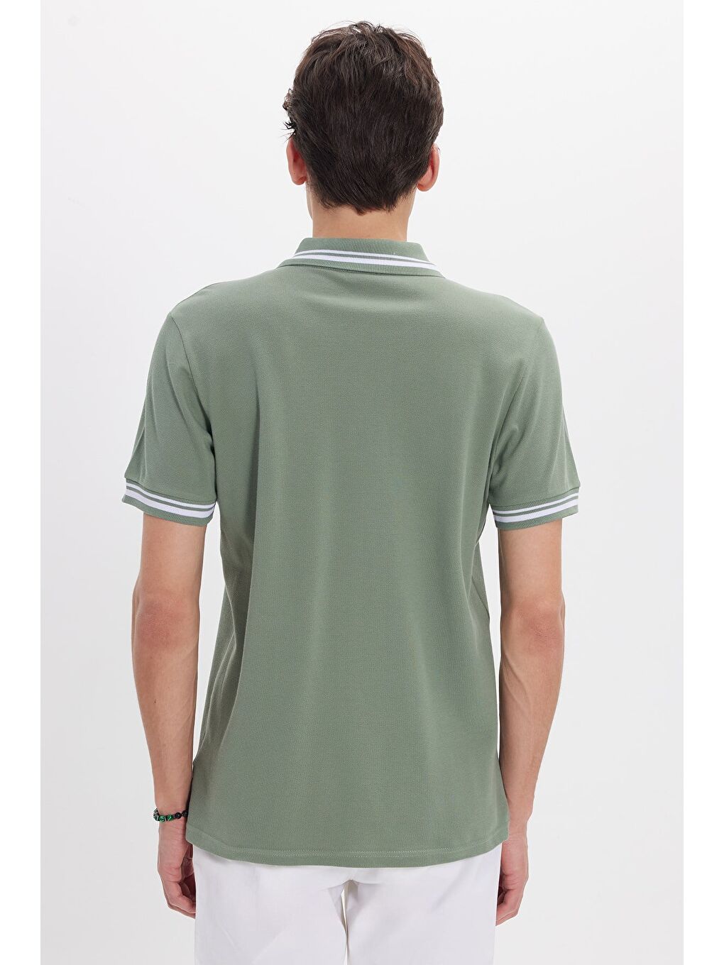 Erkek Slim Fit Dar Kesim %100 Pamuk Düz Pike Yaka Ve Kol Detaylı Yeşil Polo Yaka Tişört-5