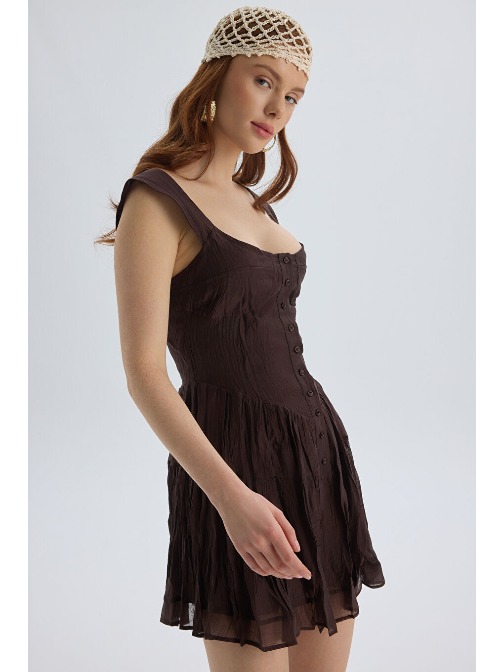 Kahverengi Serena Düğmeli Kahve Mini Elbise-3