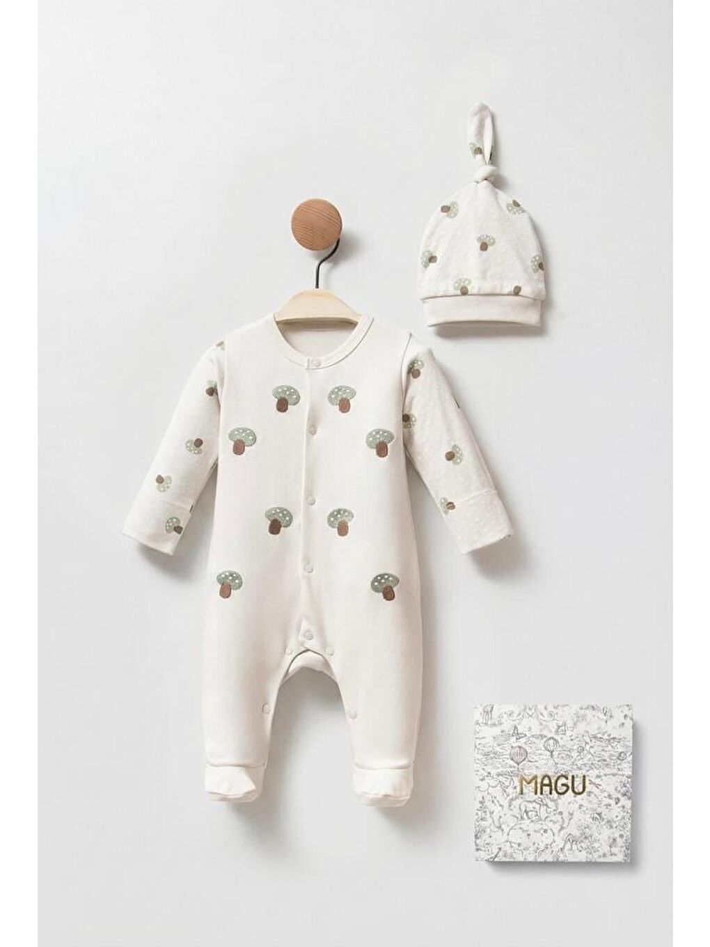 Karışık Unisex Bebek Pamuklu Ekru Mantar Desenli Tulum Ve Şapka Seti - Önden Çıtçıtlı