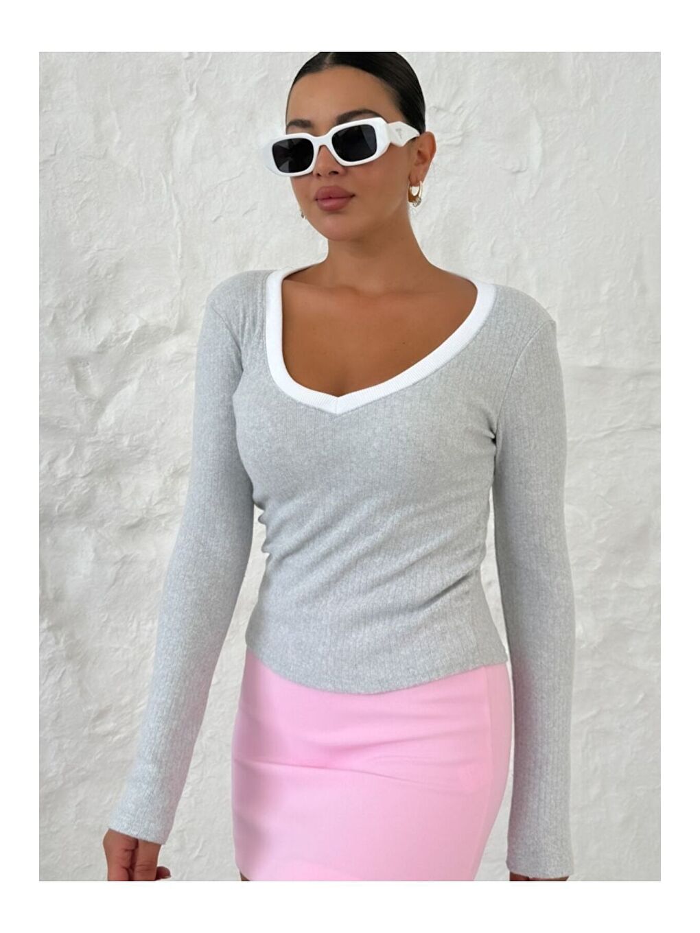 Karışık Kadın Laci Gri MintYeşil V Yakalı Biyeli Uzun Kollu İnterlok Bluz-1