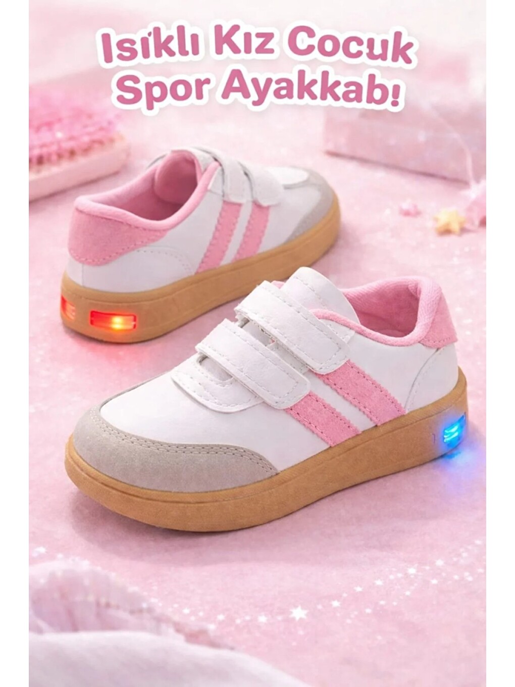 Pembe Unisex Günlük Işıklı Çocuk Cırtlı Yürüyüş Koşu Sneaker Spor Ayakkabı