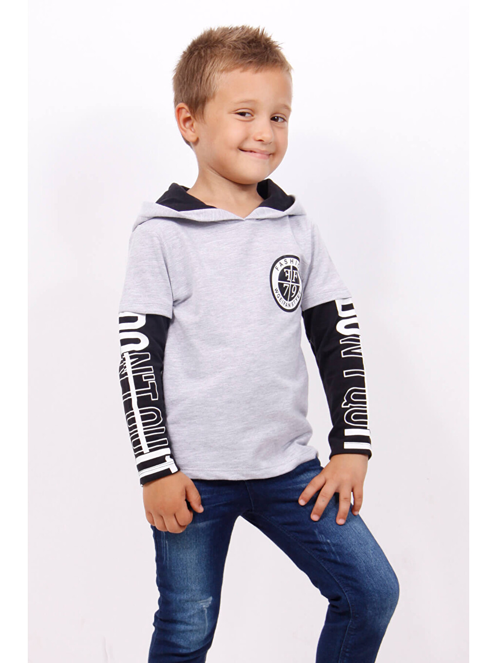 Gri Erkek Çocuk Kapüşonlu Kolları Baskılı Sweatshirt