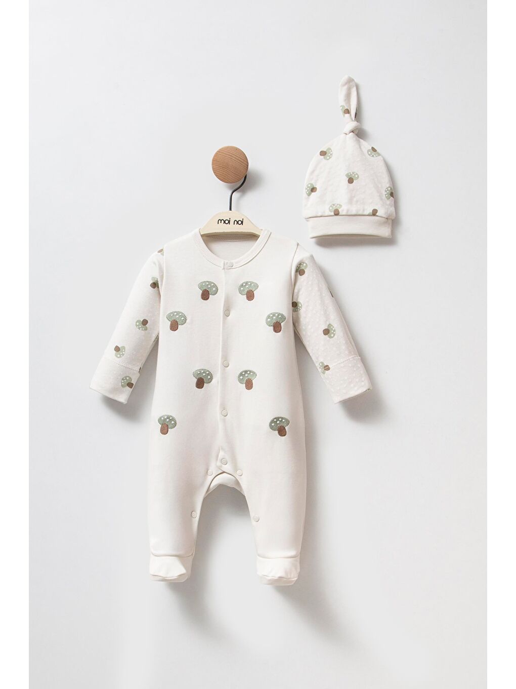 Karışık Unisex Bebek Pamuklu Ekru Mantar Desenli Tulum Ve Şapka Seti - Önden Çıtçıtlı-1