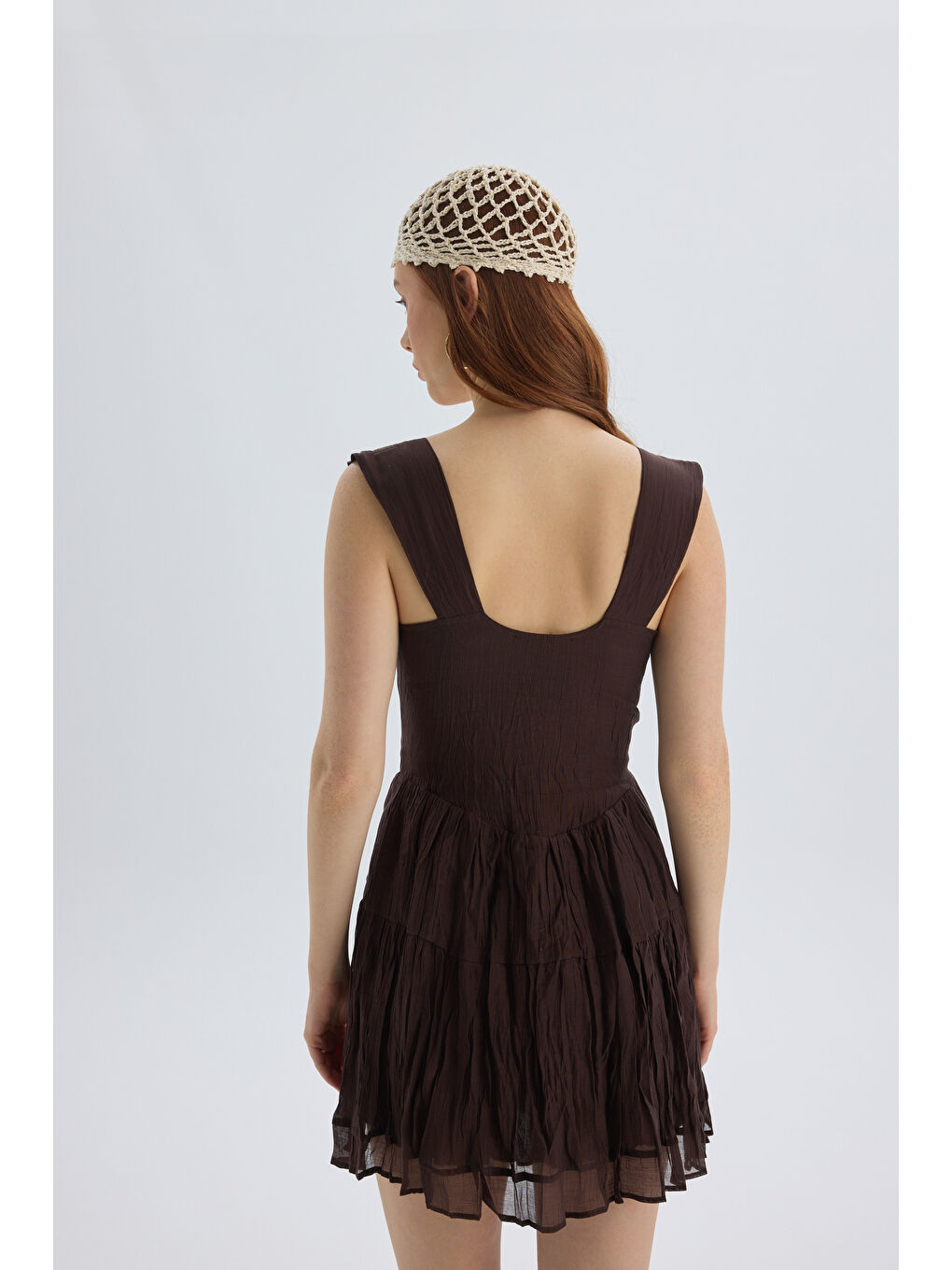 Kahverengi Serena Düğmeli Kahve Mini Elbise-4