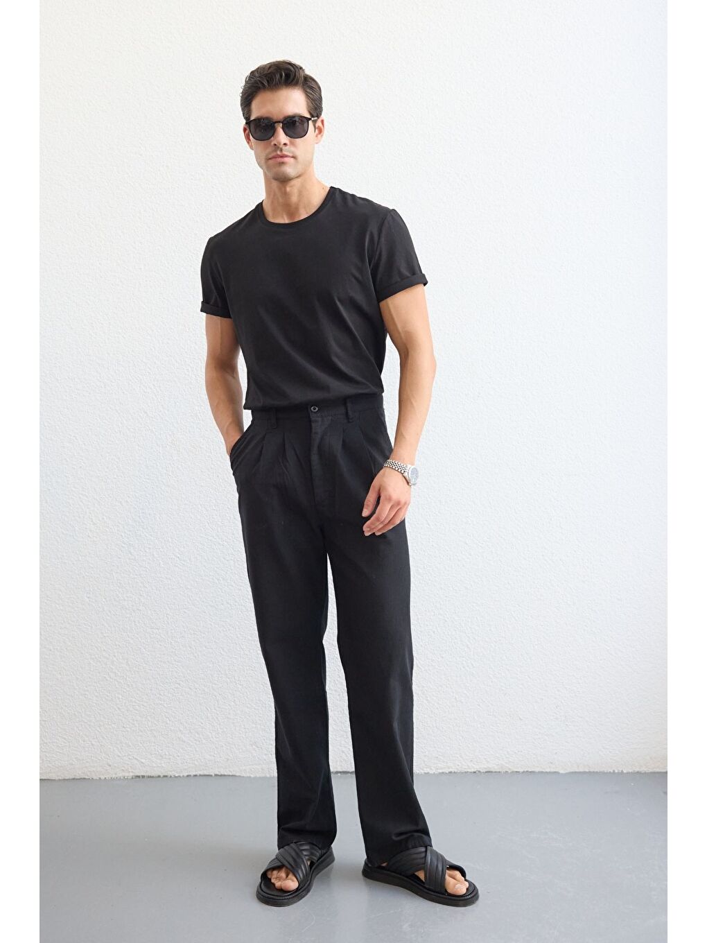 Siyah Boso Erkek Çift Pileli Keten Baggy Pantolon-1