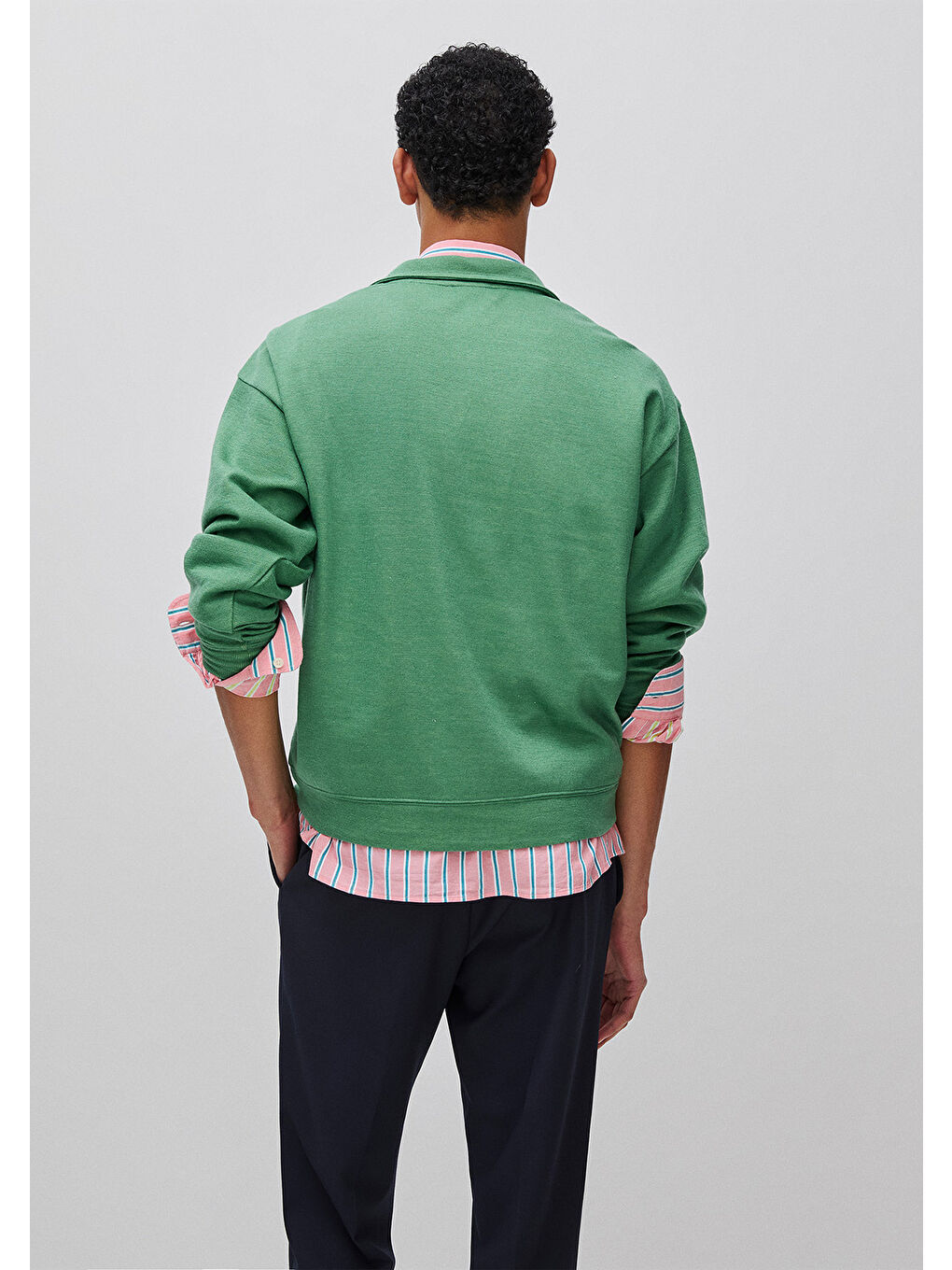 Erkek Yeşil  Yün Karışımlı Düğmeli Dik Yaka Sweatshirt-1