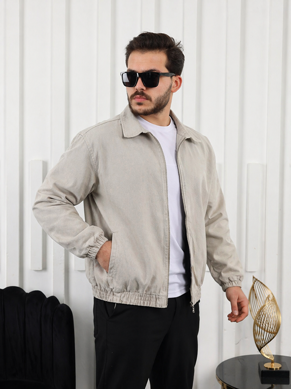 Bej Erkek Mevsimlik Premium Vizon Oversize Bomber Ceket-2