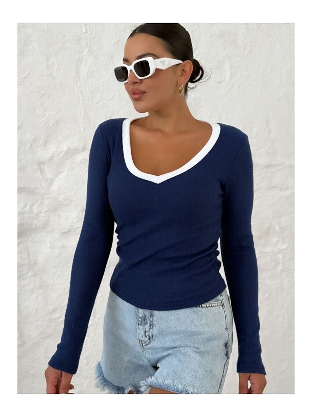 Karışık Kadın Laci Gri MintYeşil V Yakalı Biyeli Uzun Kollu İnterlok Bluz-2