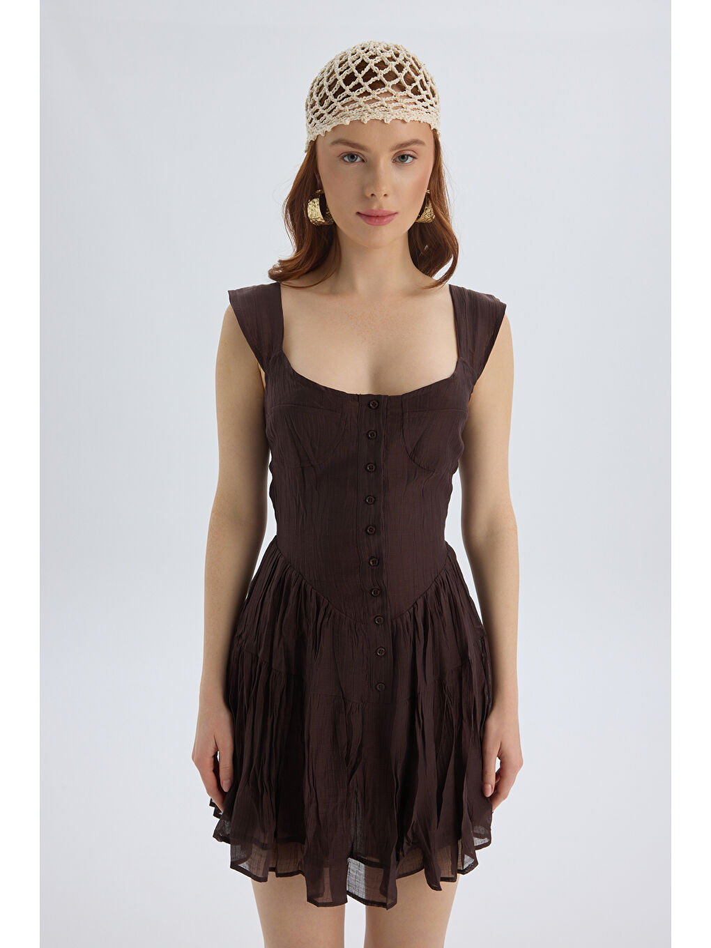 Kahverengi Serena Düğmeli Kahve Mini Elbise-5