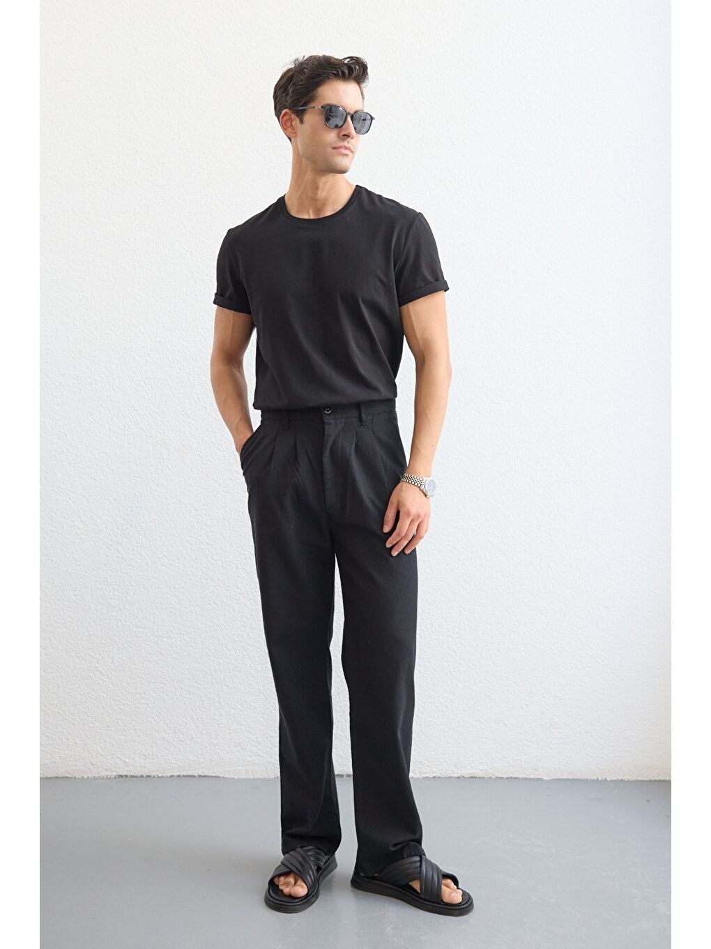 Siyah Boso Erkek Çift Pileli Keten Baggy Pantolon-2