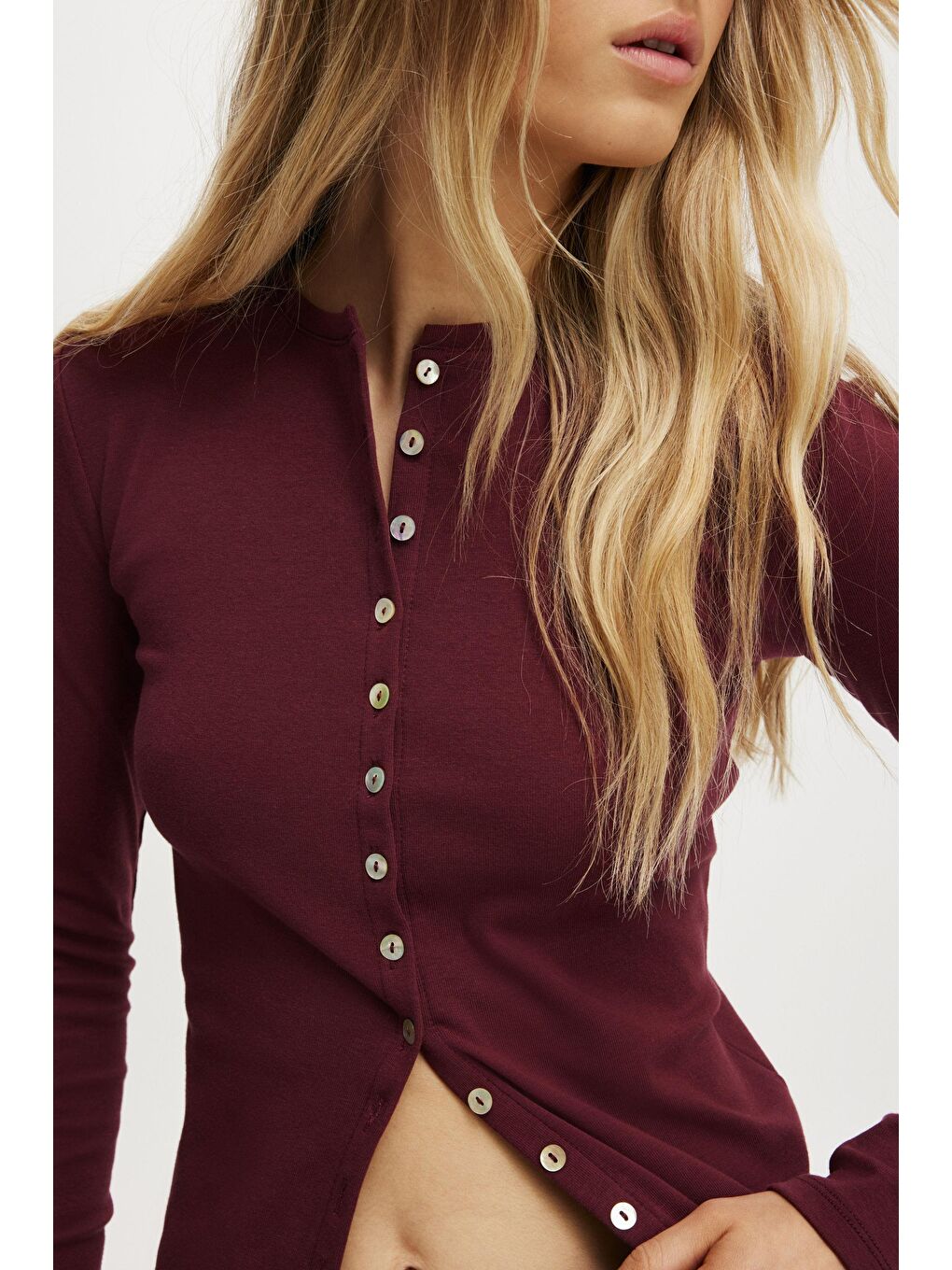 Bordo Slim Fit Düğmeli Kadın Hırka Mg2580-3