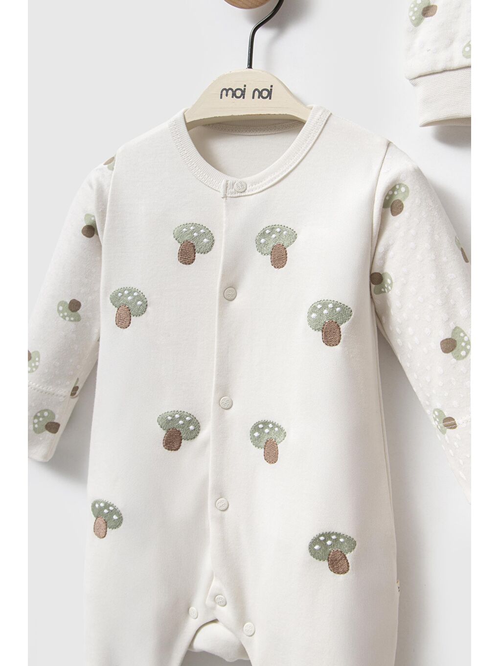 Karışık Unisex Bebek Pamuklu Ekru Mantar Desenli Tulum Ve Şapka Seti - Önden Çıtçıtlı-2