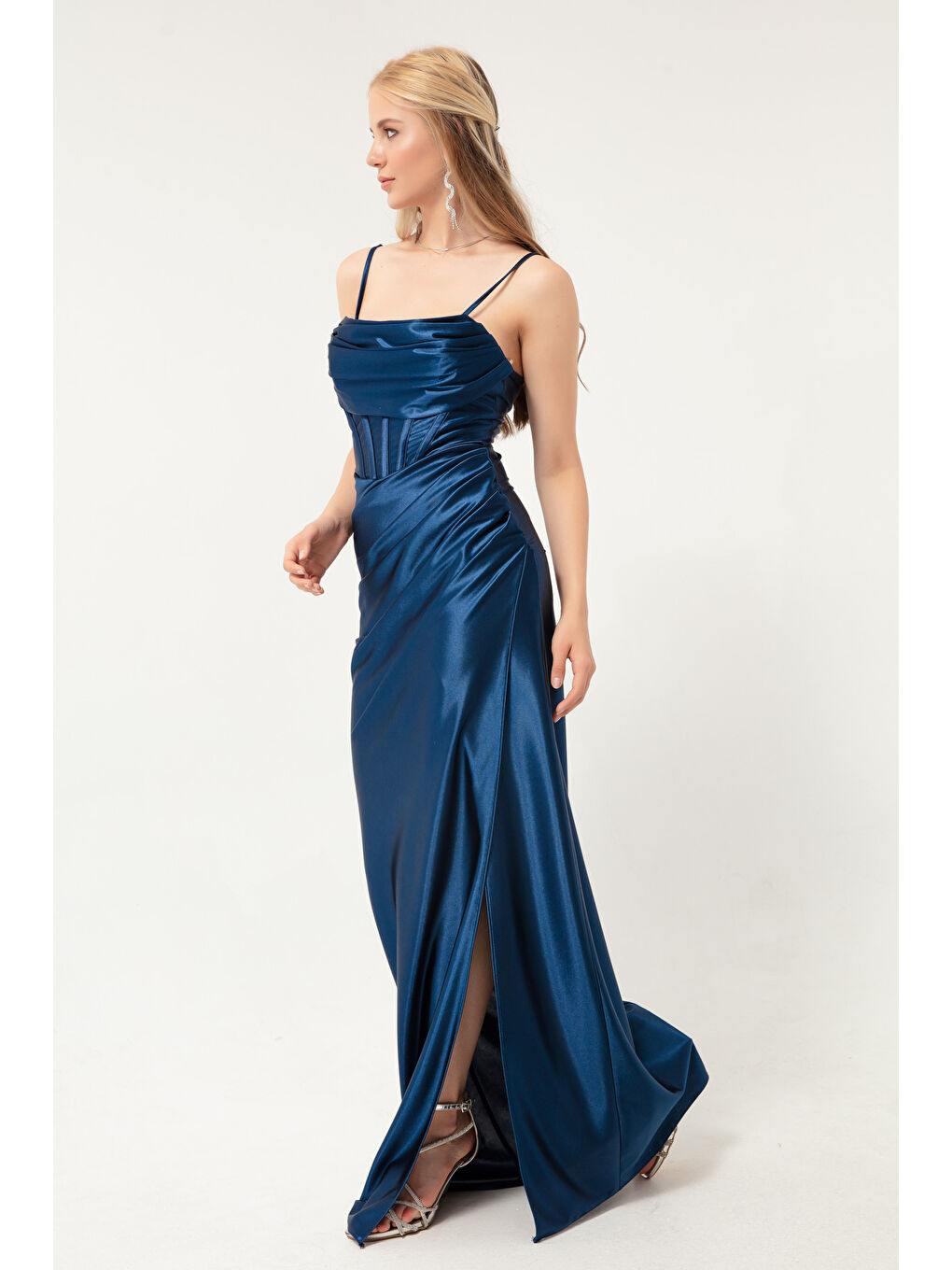 Kadın Lacivert Balen Korse Detaylı Yırtmaçlı Uzun Abiye Elbise-2