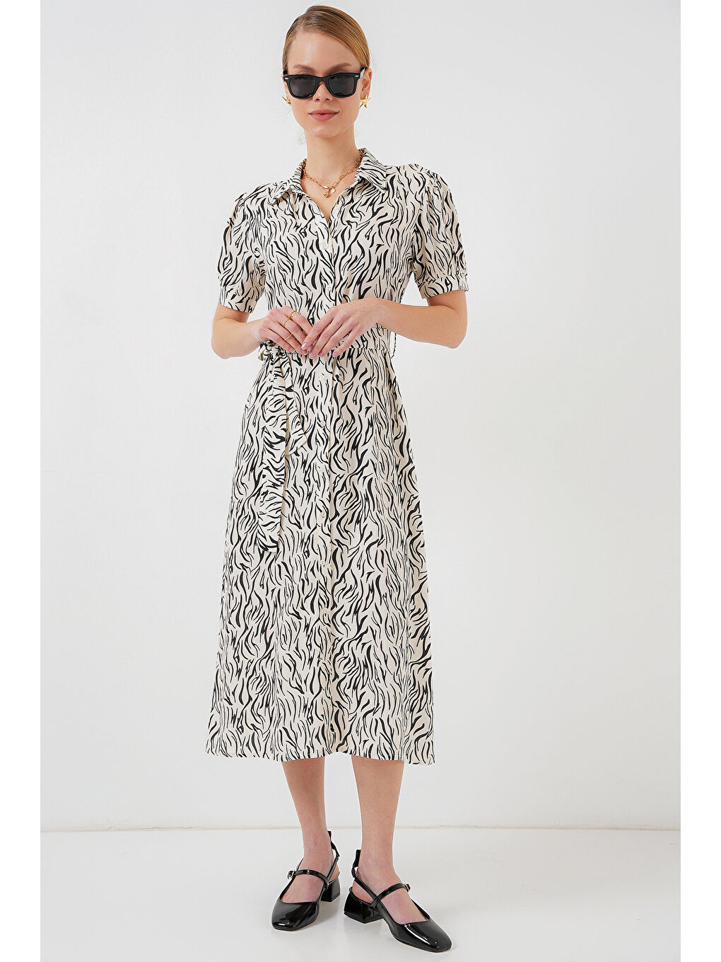 2213 Kısa Kol Viskon Elbise - C.Beyaz-1