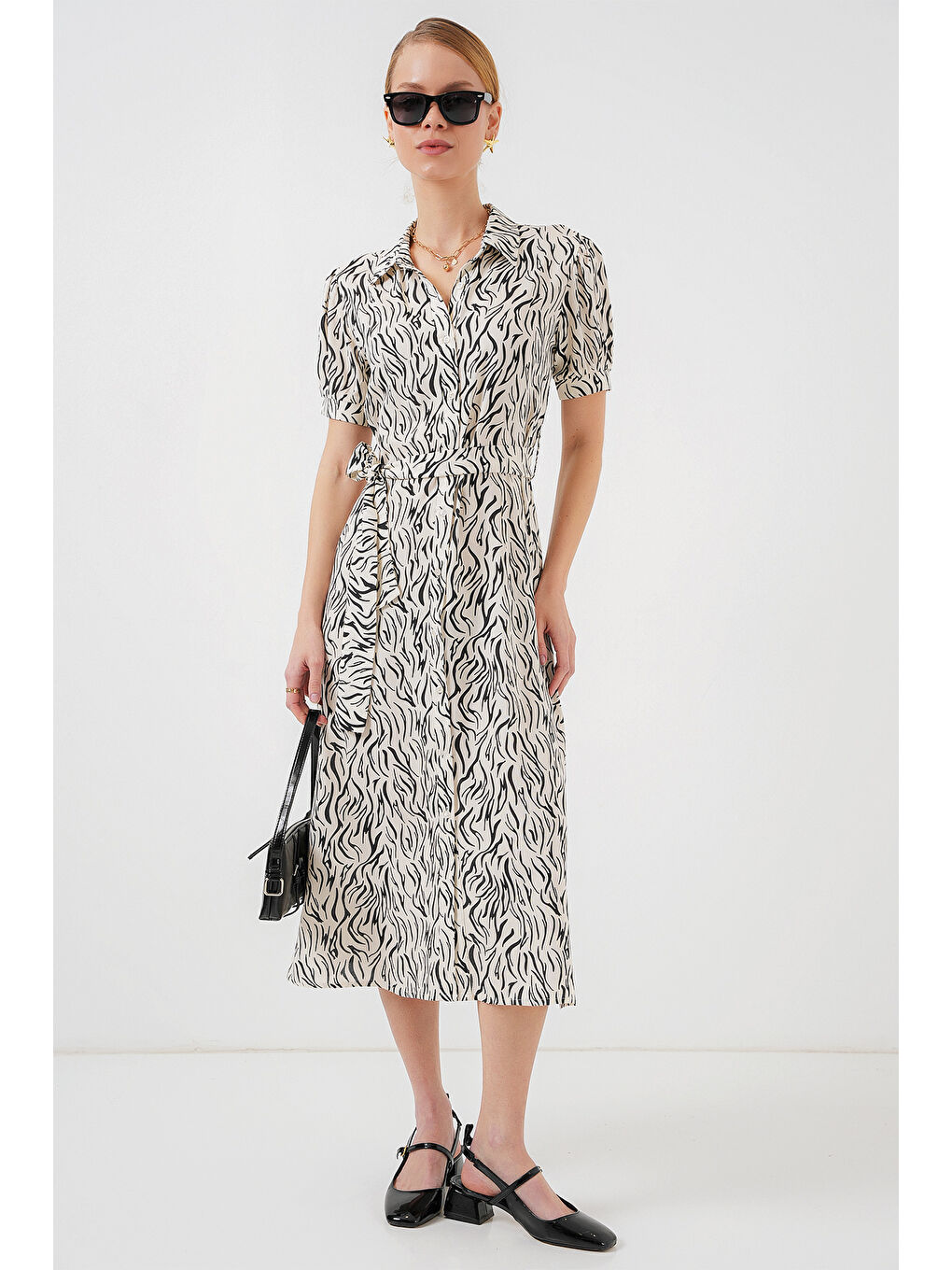 2213 Kısa Kol Viskon Elbise - C.Beyaz-2