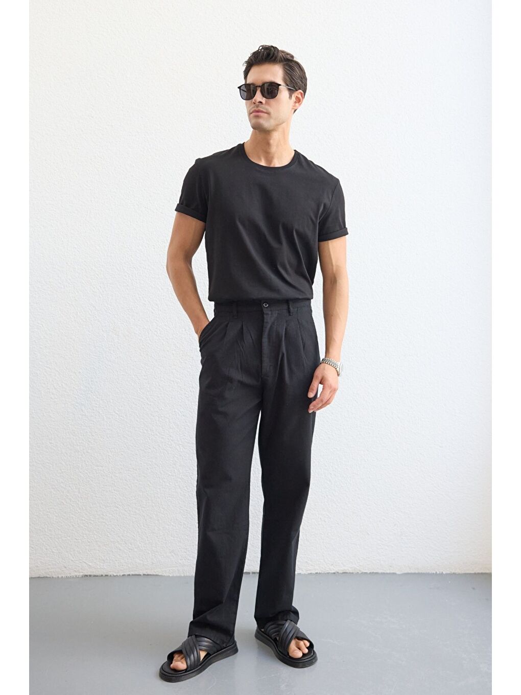 Siyah Boso Erkek Çift Pileli Keten Baggy Pantolon-3