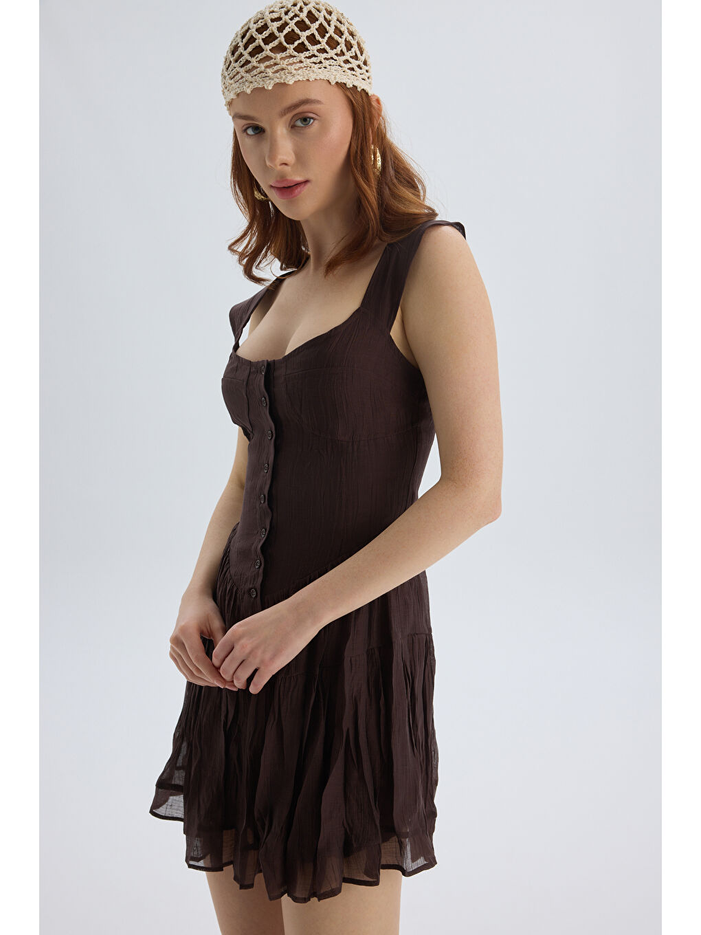 Kahverengi Serena Düğmeli Kahve Mini Elbise-6