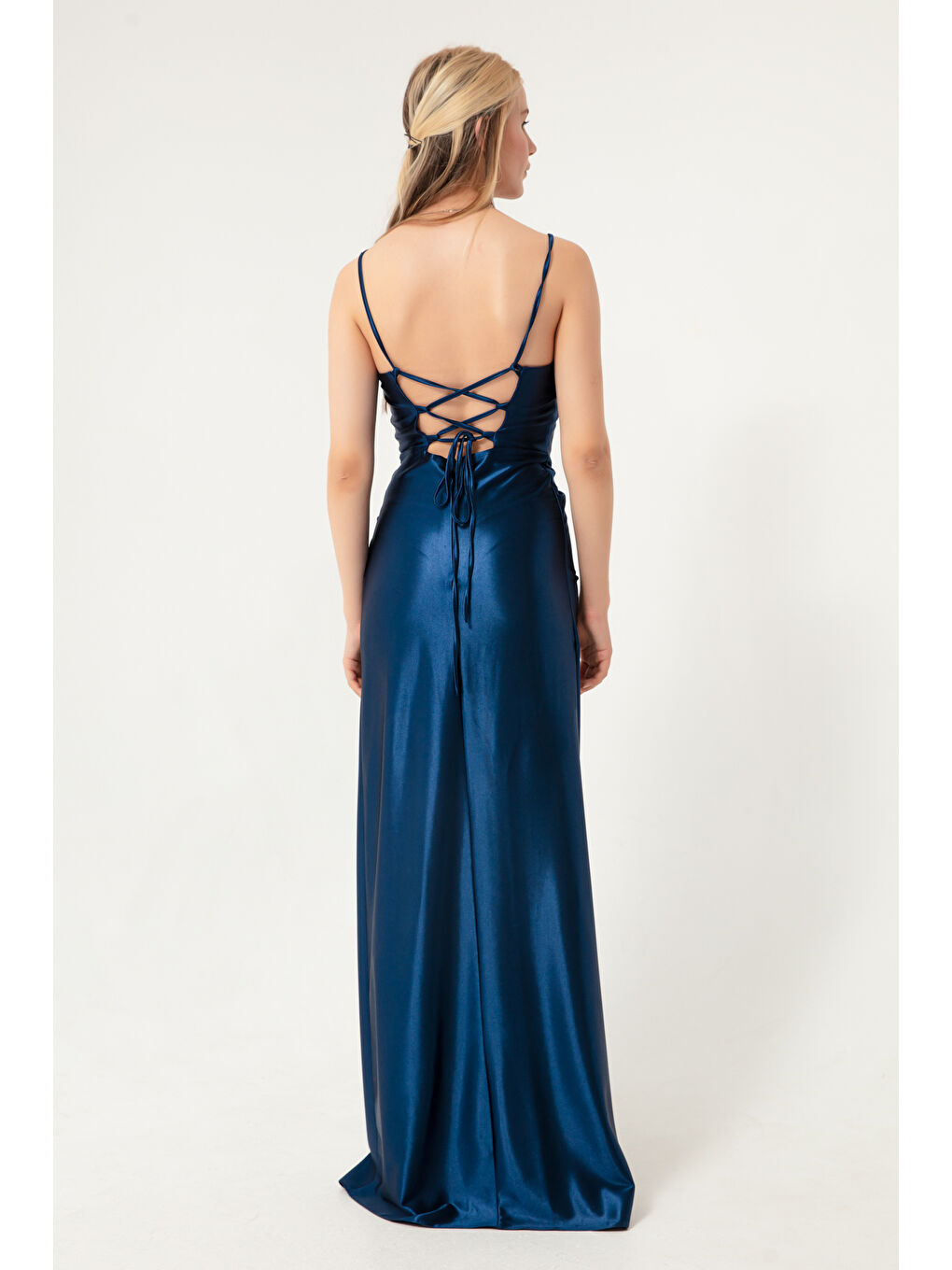 Kadın Lacivert Balen Korse Detaylı Yırtmaçlı Uzun Abiye Elbise-4