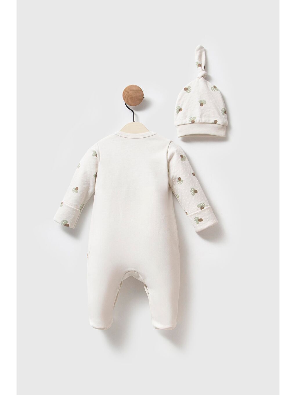 Karışık Unisex Bebek Pamuklu Ekru Mantar Desenli Tulum Ve Şapka Seti - Önden Çıtçıtlı-3