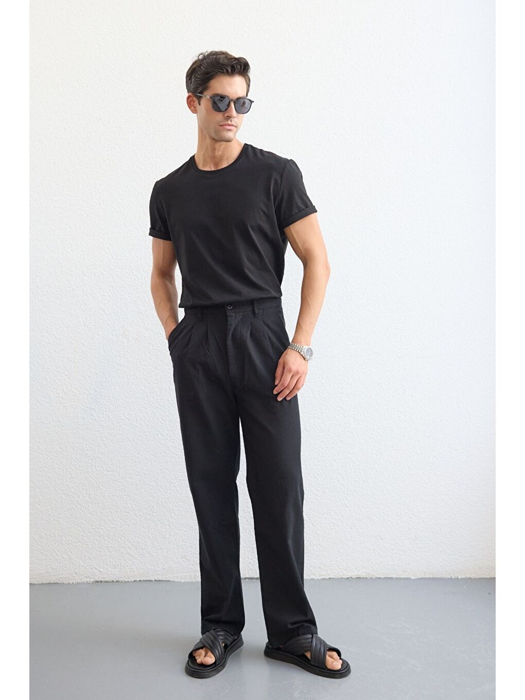 Siyah Boso Erkek Çift Pileli Keten Baggy Pantolon-4