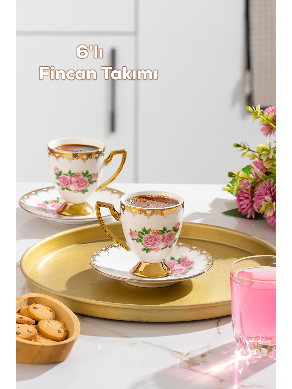 Karışık 3188 Rosemary 12 Parça Yaldızlı Porselen Türk Kahve Fincan Takımı-2