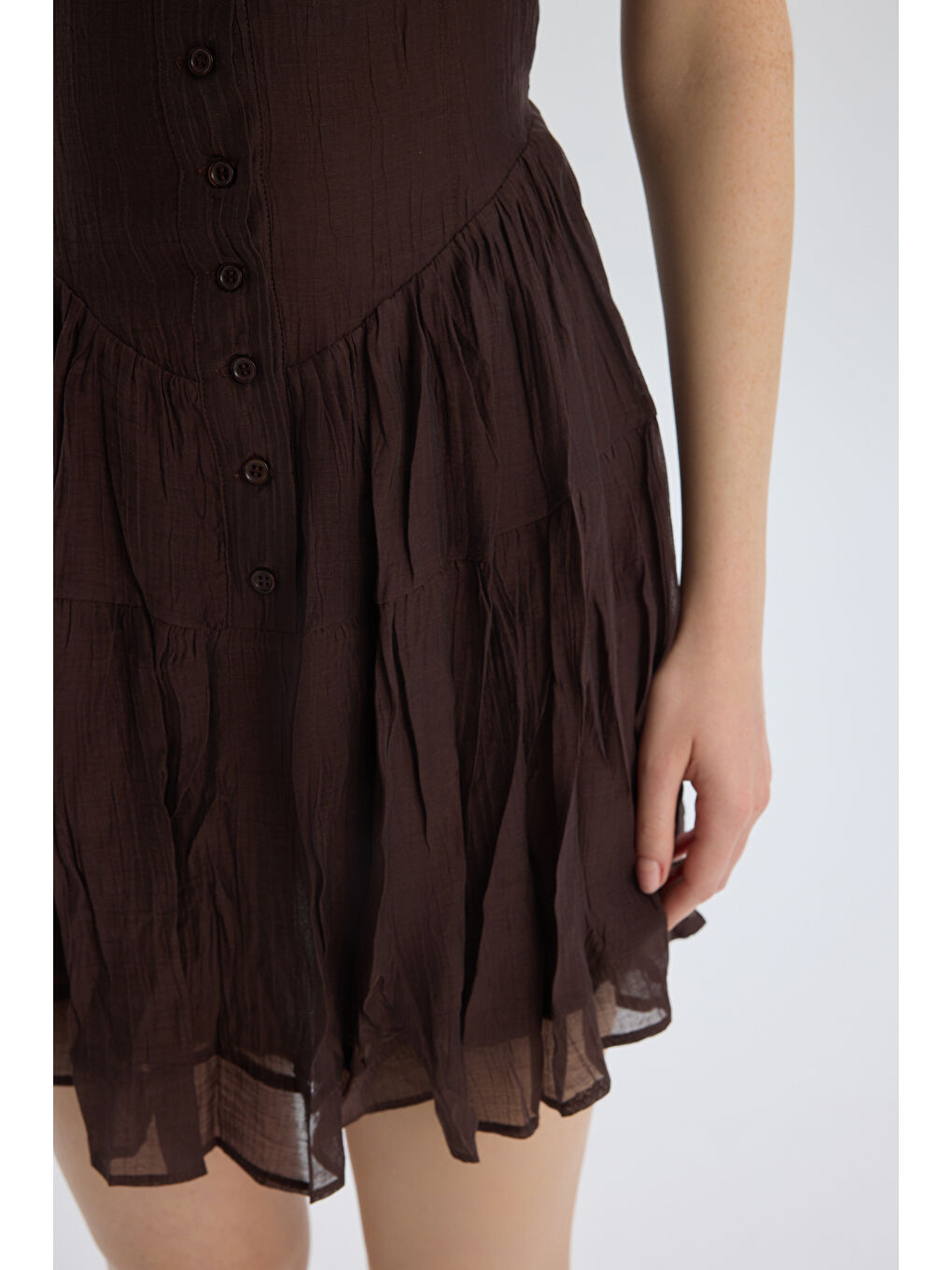 Kahverengi Serena Düğmeli Kahve Mini Elbise-7