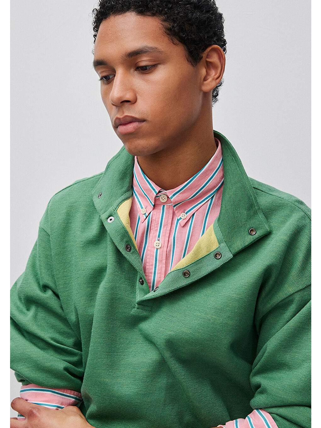 Erkek Yeşil  Yün Karışımlı Düğmeli Dik Yaka Sweatshirt-3