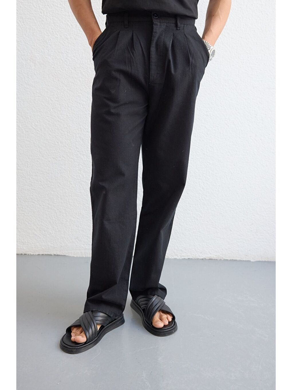 Siyah Boso Erkek Çift Pileli Keten Baggy Pantolon-5
