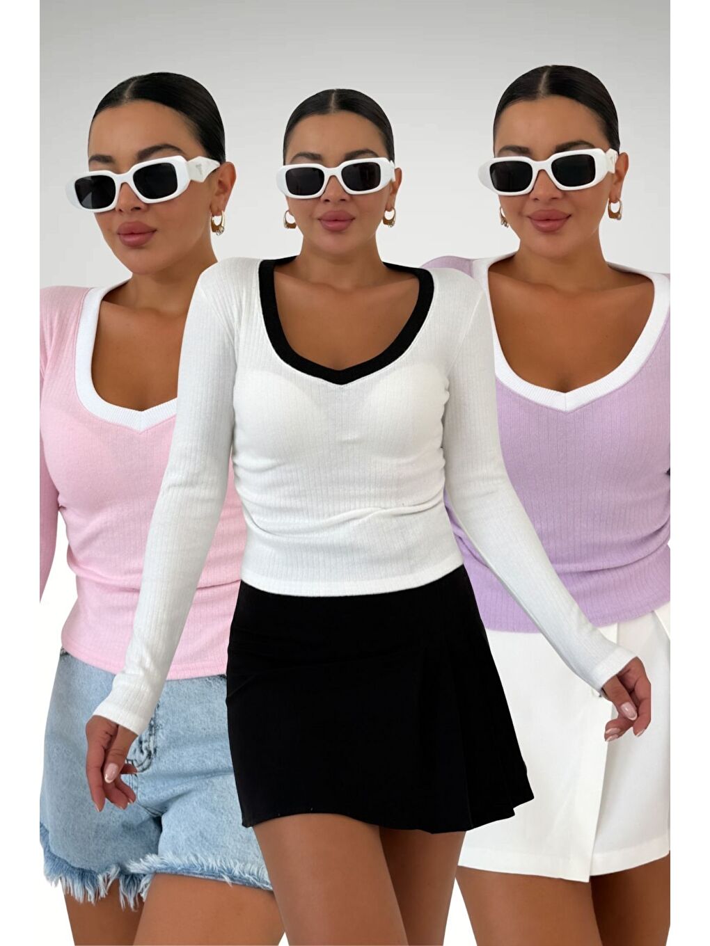 Karışık Kadın Beyaz Lila Pembe V Yakalı Biyeli Uzun Kollu İnterlok Bluz