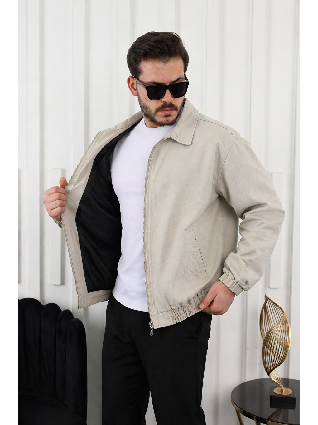 Bej Erkek Mevsimlik Premium Vizon Oversize Bomber Ceket-4