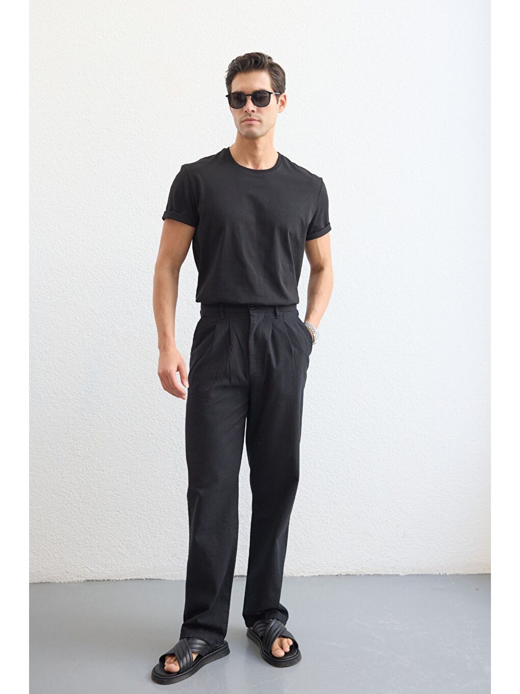 Siyah Boso Erkek Çift Pileli Keten Baggy Pantolon-6