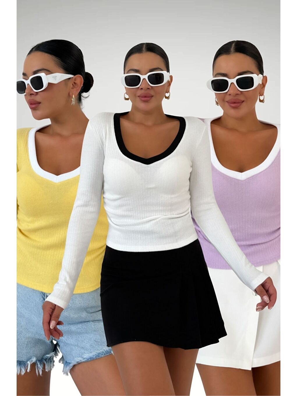 Karışık Kadın Beyaz Sarı Lila V Yakalı Biyeli Uzun Kollu İnterlok Bluz