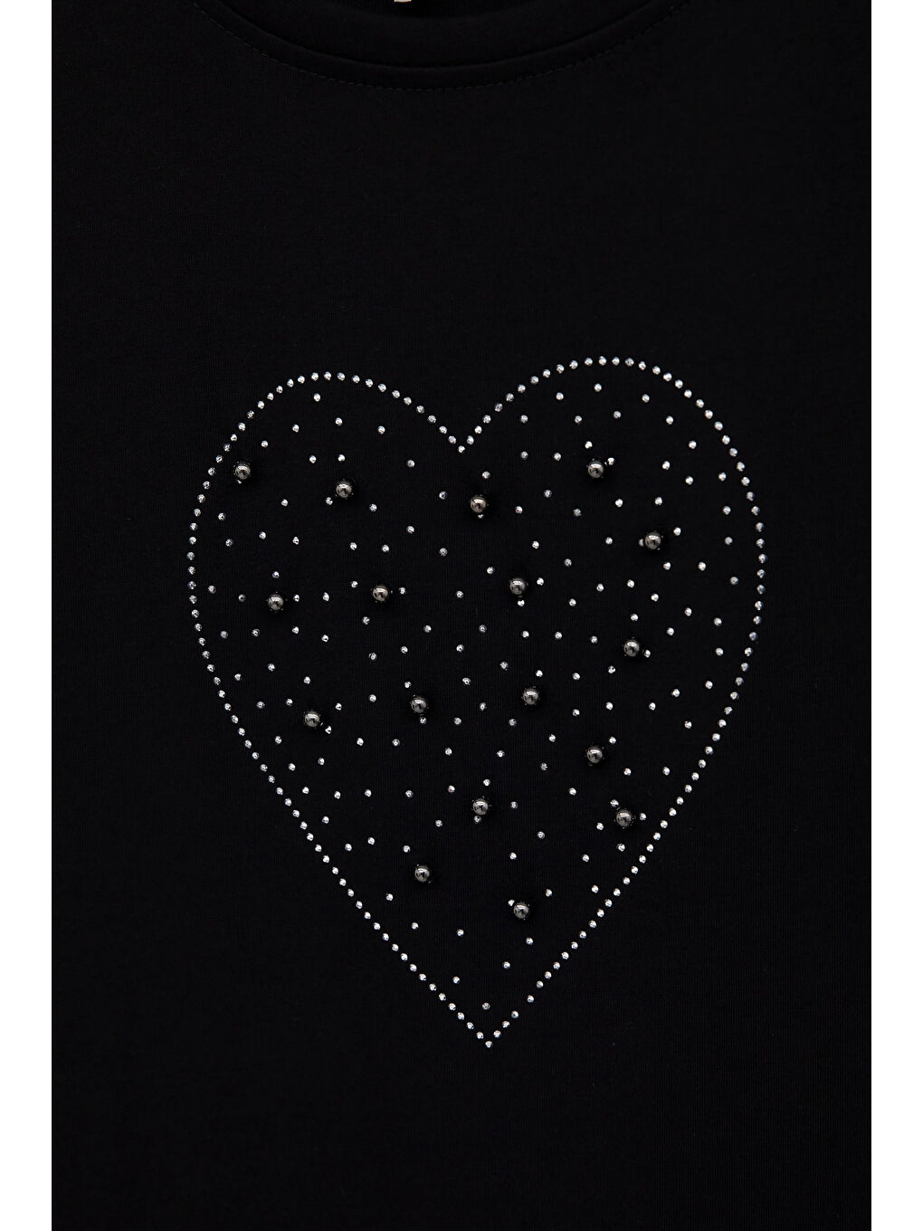 Siyah Payetli Kalp Desenli Kısa Kol Kız Çocuk Oversize Tişört 20789-1