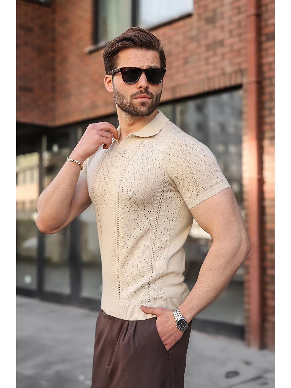 Bej Taş Rengi Delikli Polo Yaka Erkek Triko Tişört E7495-4