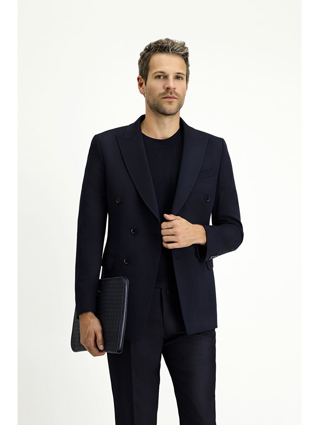 Lacivert Slim Fit Dar Kesim Kruvaze Ceket-2